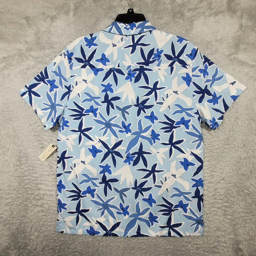 Birch Black Mens Medium Floral Print Hawaiian Camp Shirt Short Sleeve Blue White